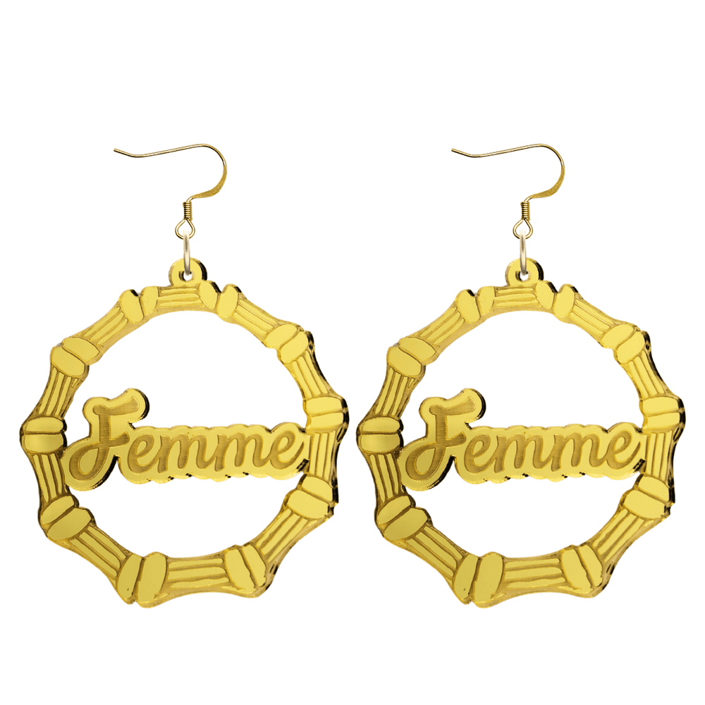 haus of dizzy acrylic gold mirror bamboo hoops with ollie cursive text that reads femme with hooks no circle stud tops size large