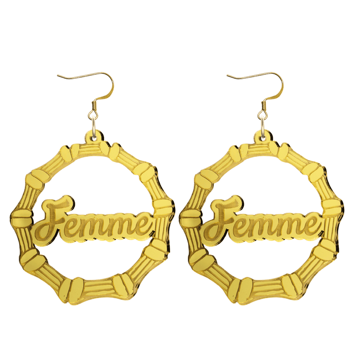 haus of dizzy acrylic gold mirror bamboo hoops with ollie cursive text that reads femme with hooks no circle stud tops size large