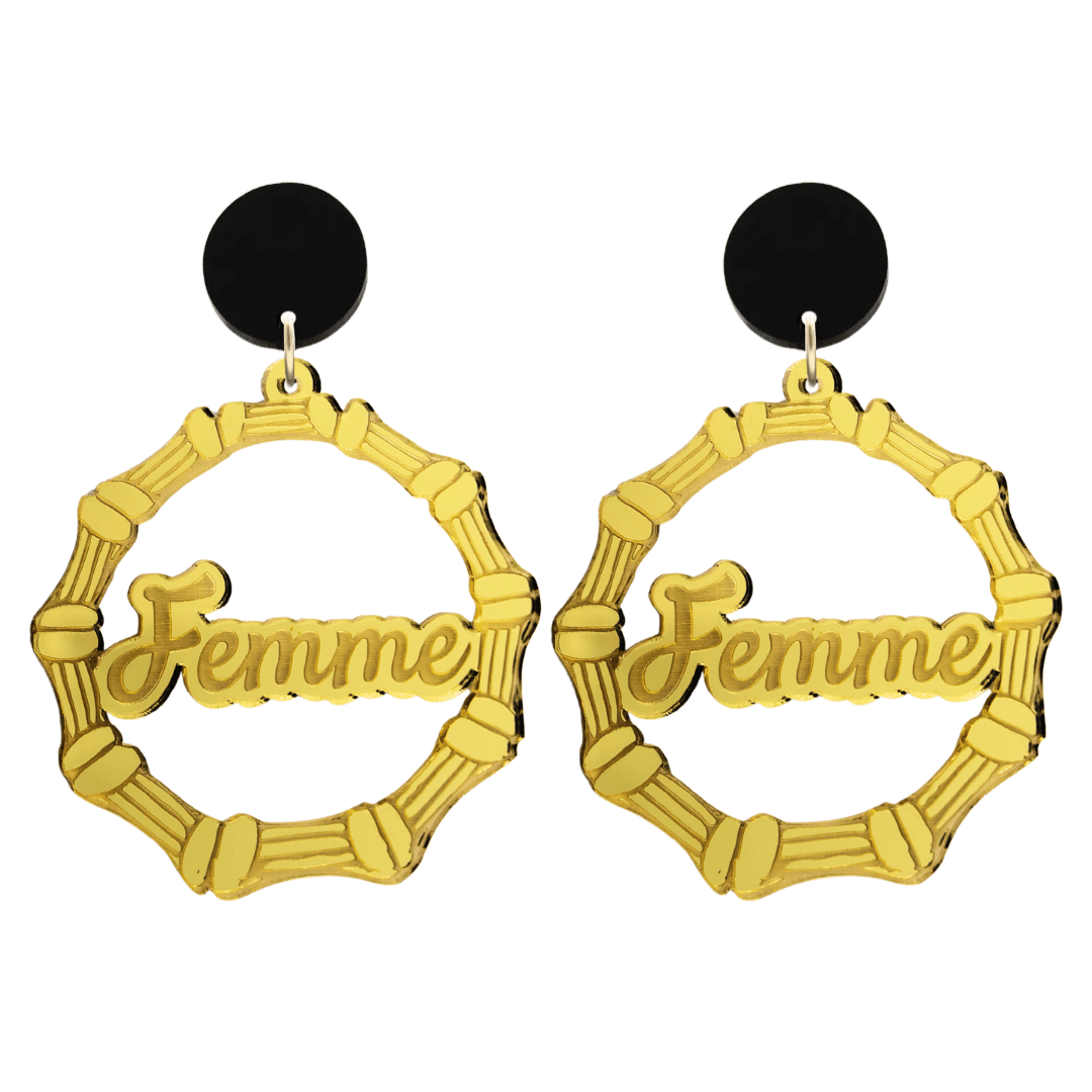 haus of dizzy acrylic gold mirror bamboo hoops with ollie cursive text that reads femme with black circle stud tops size large