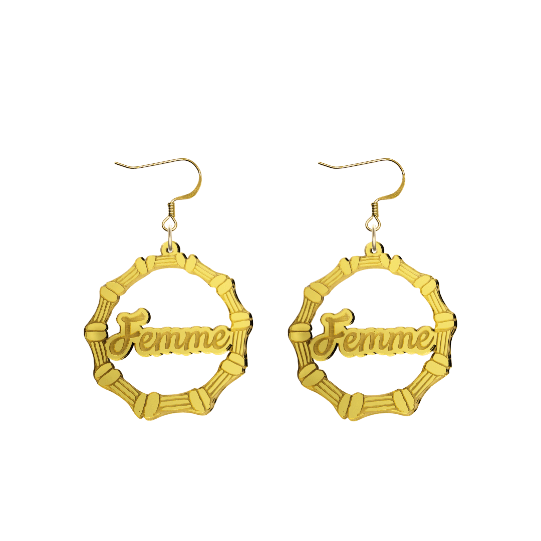haus of dizzy acrylic gold mirror bamboo hoops with ollie cursive text that reads femme with hooks no circle stud tops size small