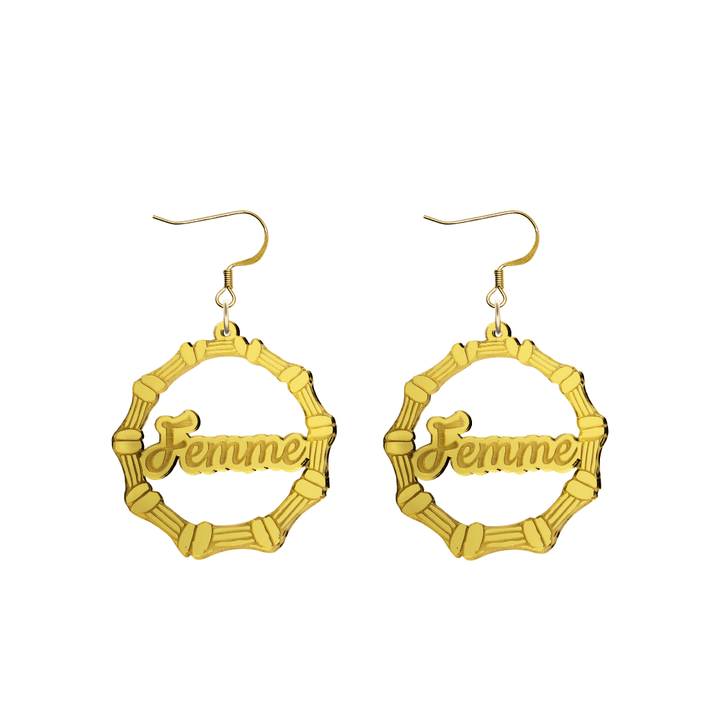 haus of dizzy acrylic gold mirror bamboo hoops with ollie cursive text that reads femme with hooks no circle stud tops size small