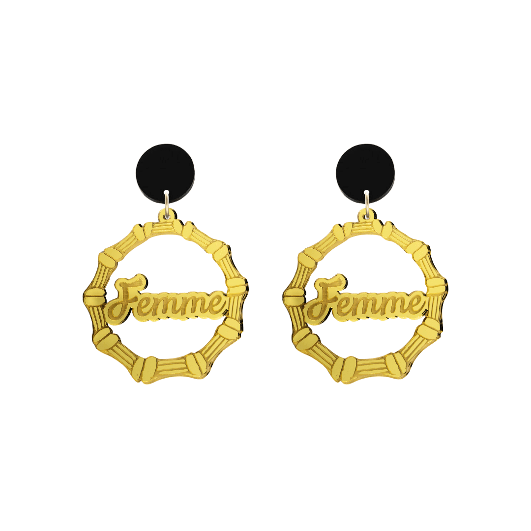 haus of dizzy acrylic gold mirror bamboo hoops with ollie cursive text that reads femme with black circle stud tops size small