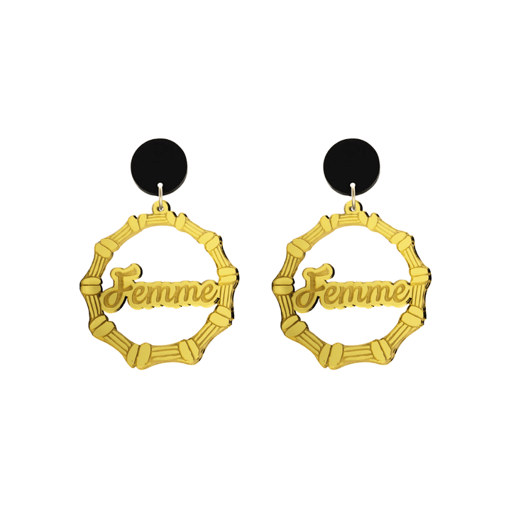 haus of dizzy acrylic gold mirror bamboo hoops with ollie cursive text that reads femme with black circle stud tops size small