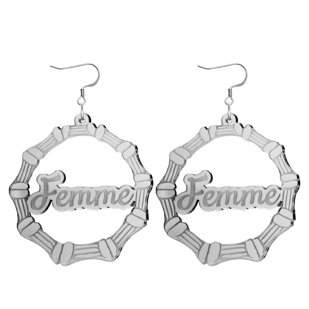 haus of dizzy acrylic silver mirror bamboo hoops with ollie cursive text that reads femme with hooks no circle stud tops size large