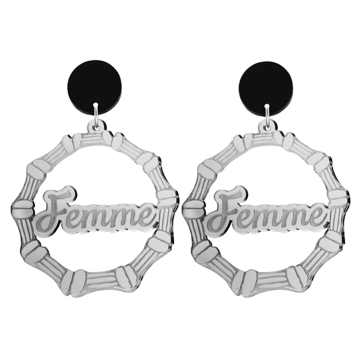 haus of dizzy acrylic silver mirror bamboo hoops with ollie cursive text that reads femme with black circle stud tops size large