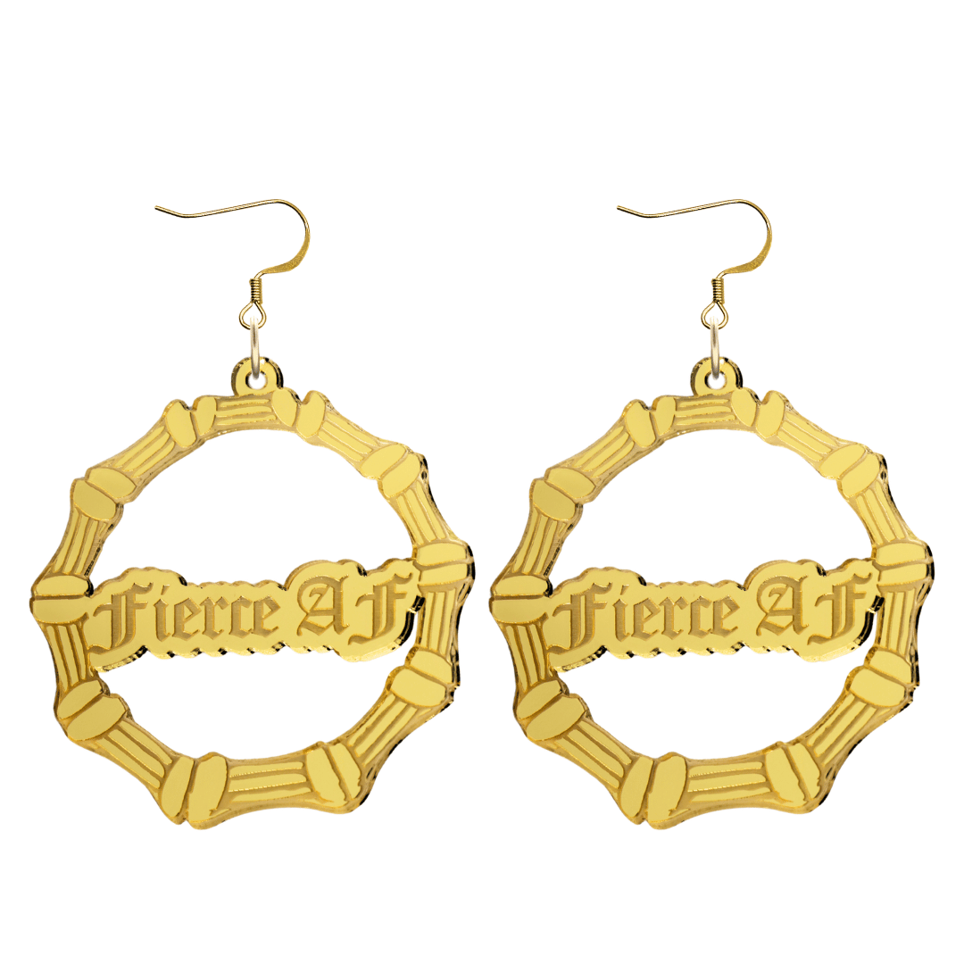 haus of dizzy acrylic gold mirror bamboo hoops with old english text that reads fierce AF with hooks no circle stud tops size large