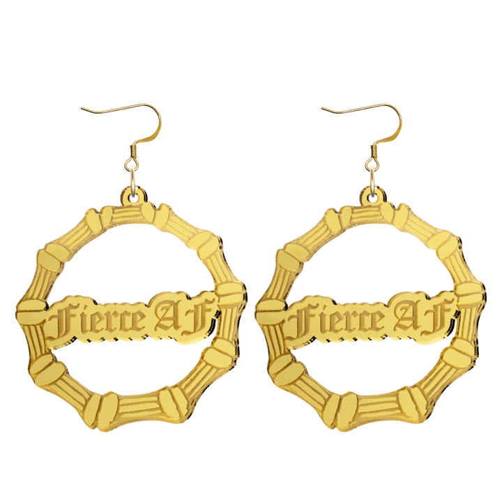 haus of dizzy acrylic gold mirror bamboo hoops with old english text that reads fierce AF with hooks no circle stud tops size large
