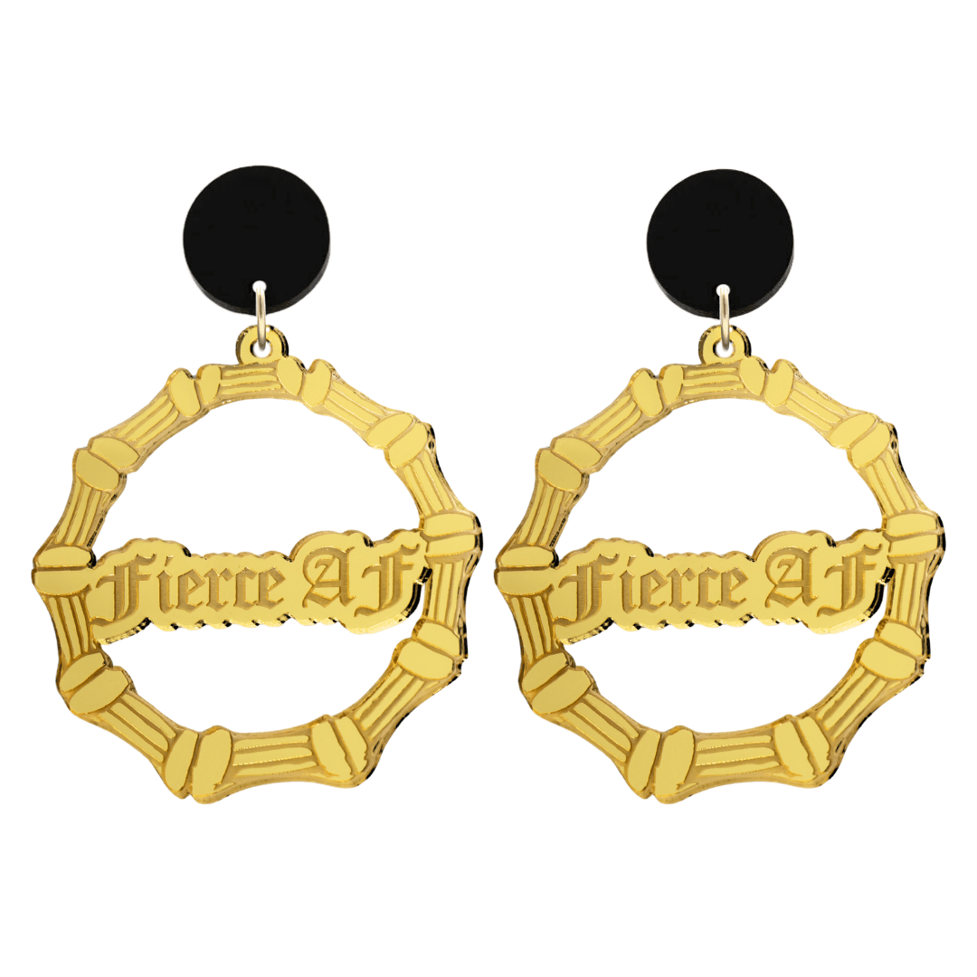 haus of dizzy acrylic gold mirror bamboo hoops with old english text that reads fierce AF with black circle stud tops size large