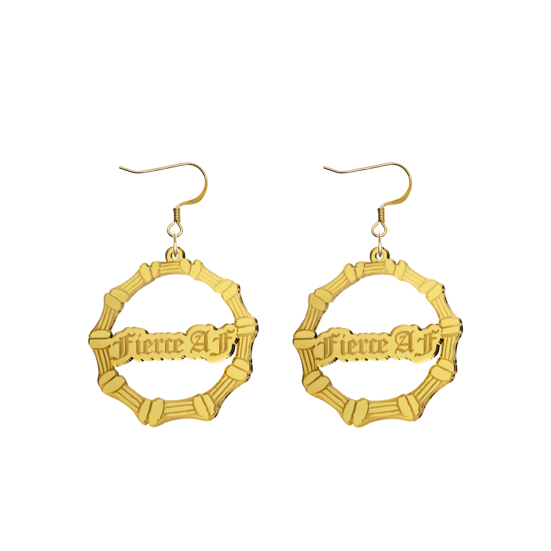haus of dizzy acrylic gold mirror bamboo hoops with old english text that reads fierce AF with hooks no circle stud tops size small