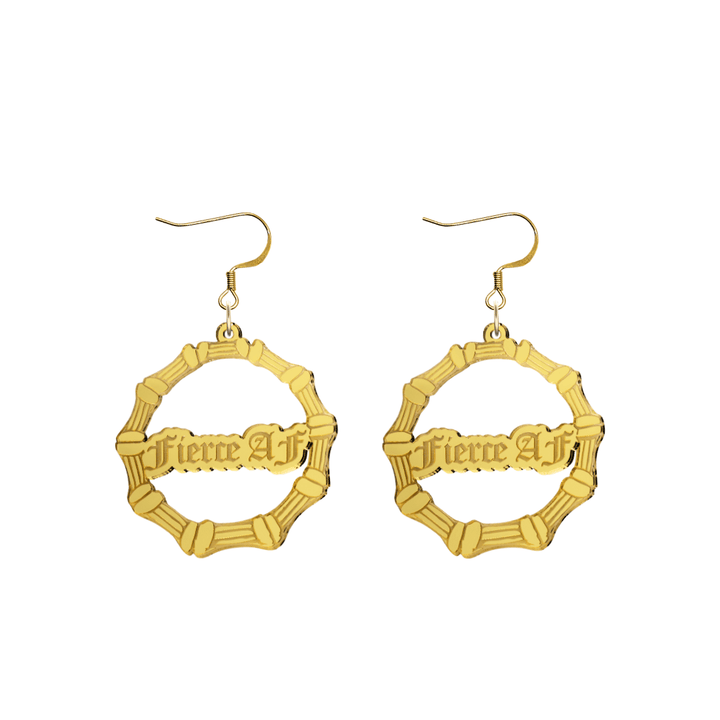 haus of dizzy acrylic gold mirror bamboo hoops with old english text that reads fierce AF with hooks no circle stud tops size small
