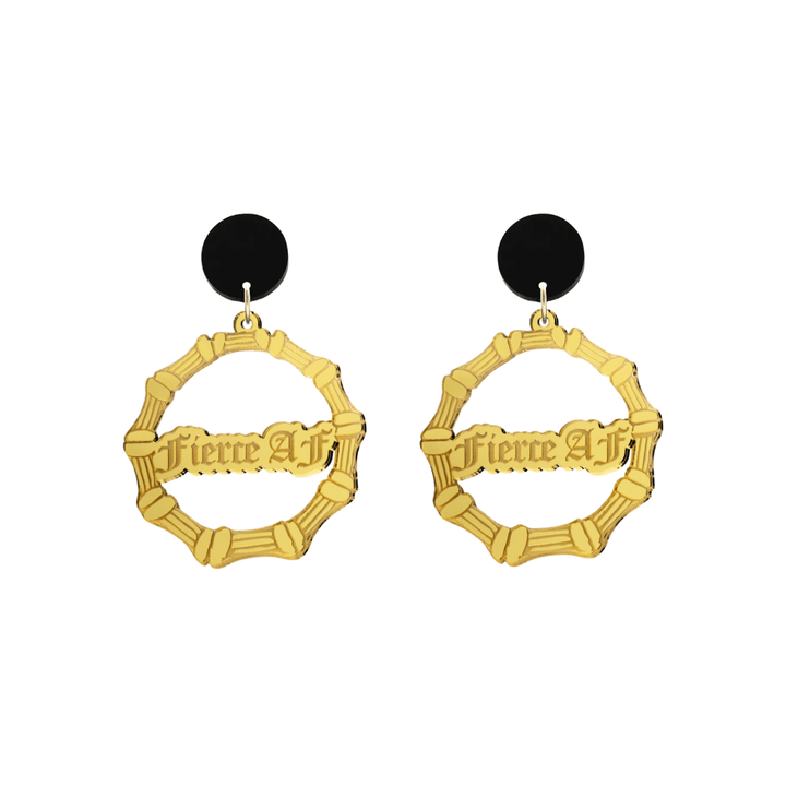 haus of dizzy acrylic gold mirror bamboo hoops with old english text that reads fierce AF with black circle stud tops size small