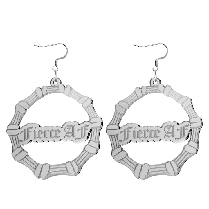 haus of dizzy acrylic silver mirror bamboo hoops with old english text that reads fierce AF with hooks no circle stud tops size large