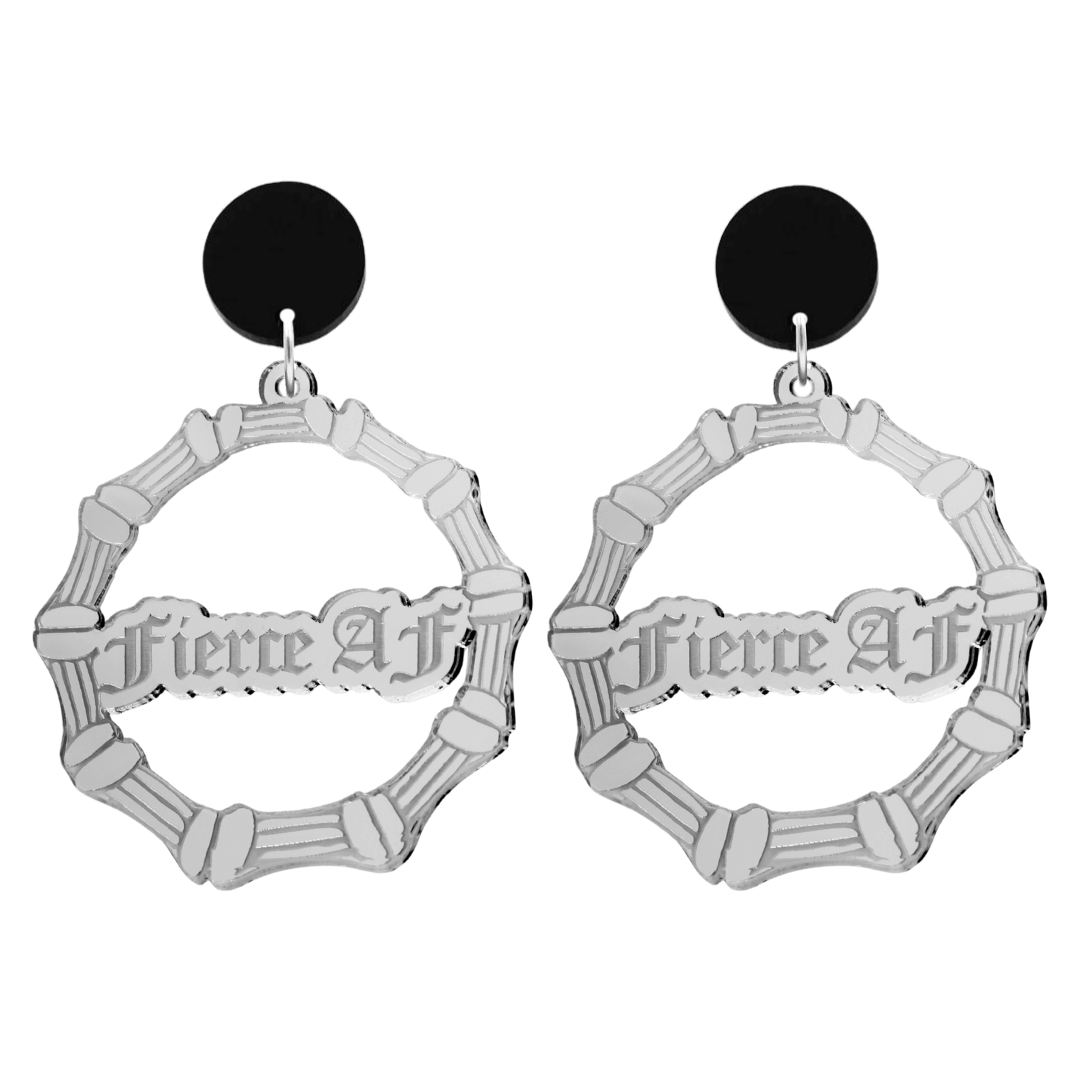 haus of dizzy acrylic silver mirror bamboo hoops with old english text that reads fierce AF with black circle stud tops size large