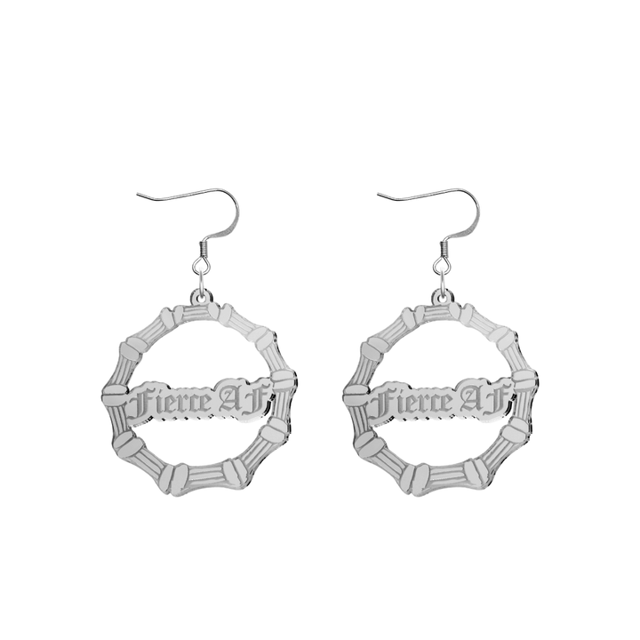 haus of dizzy acrylic silver mirror bamboo hoops with old english text that reads fierce AF with hooks no circle stud tops size small