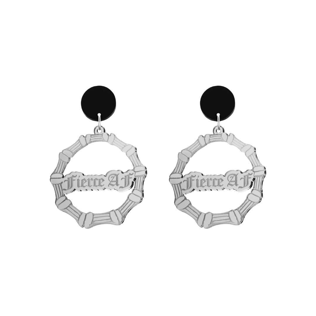 haus of dizzy acrylic silver mirror bamboo hoops with old english text that reads fierce AF with black circle stud tops size small