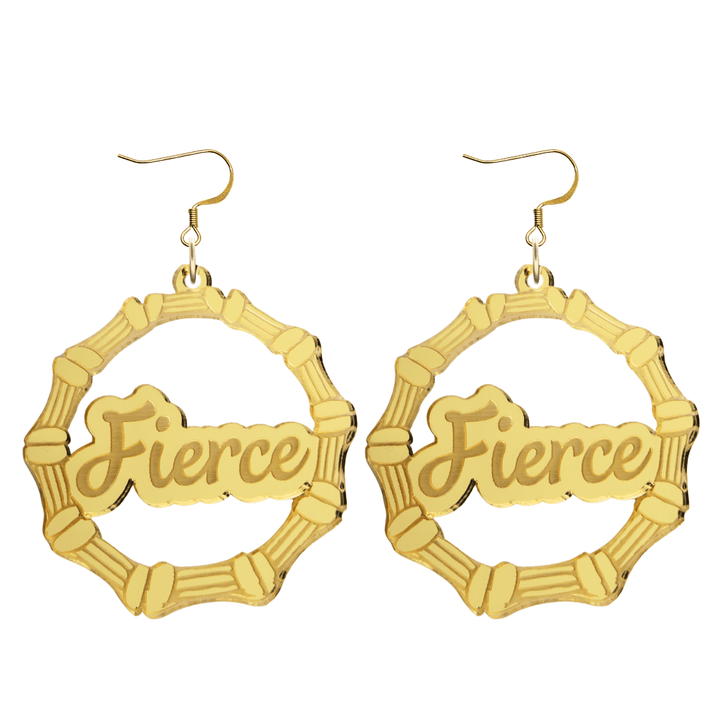 haus of dizzy acrylic gold mirror bamboo hoops with ollie cursive text that reads fierce with hooks no circle stud tops size large