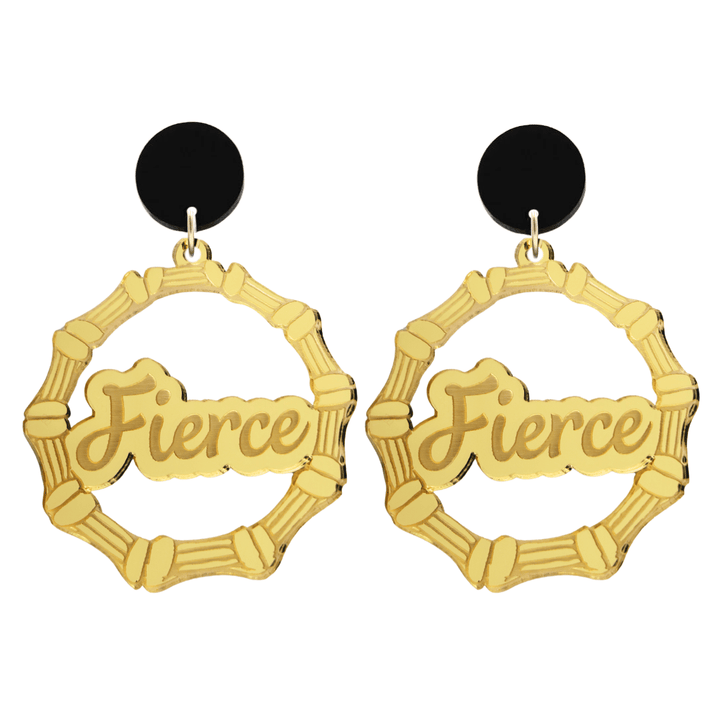 haus of dizzy acrylic gold mirror bamboo hoops with ollie cursive text that reads fierce with black circle stud tops size large