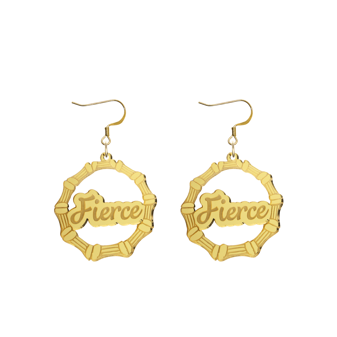 haus of dizzy acrylic gold mirror bamboo hoops with ollie cursive text that reads fierce with hooks no circle stud tops size small