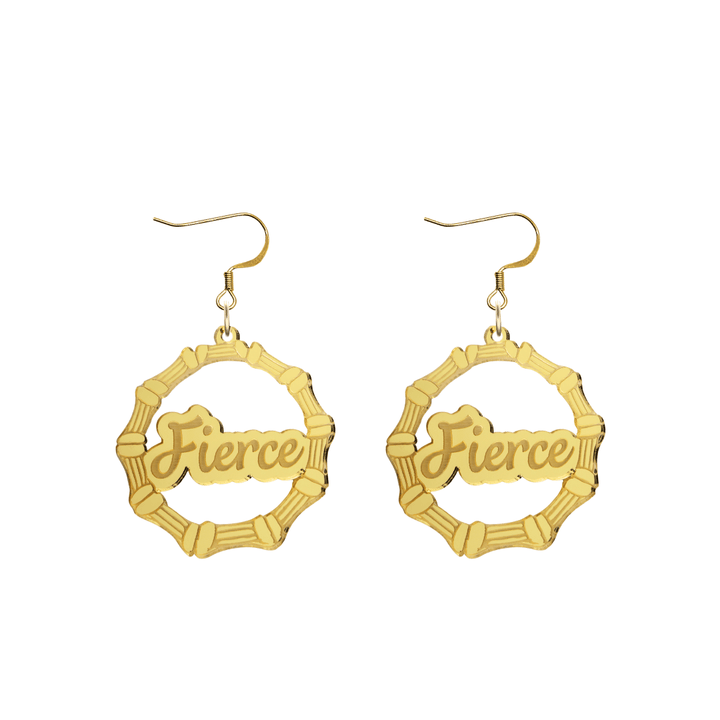 haus of dizzy acrylic gold mirror bamboo hoops with ollie cursive text that reads fierce with hooks no circle stud tops size small