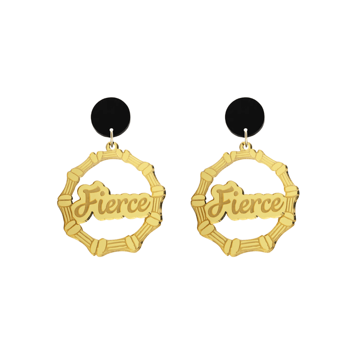 haus of dizzy acrylic gold mirror bamboo hoops with ollie cursive text that reads fierce with black circle stud tops size small