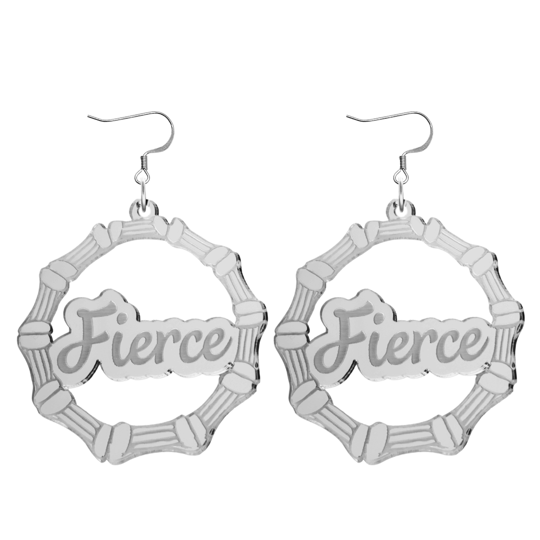 haus of dizzy acrylic silver mirror bamboo hoops with ollie cursive text that reads fierce with hooks no circle stud tops size large