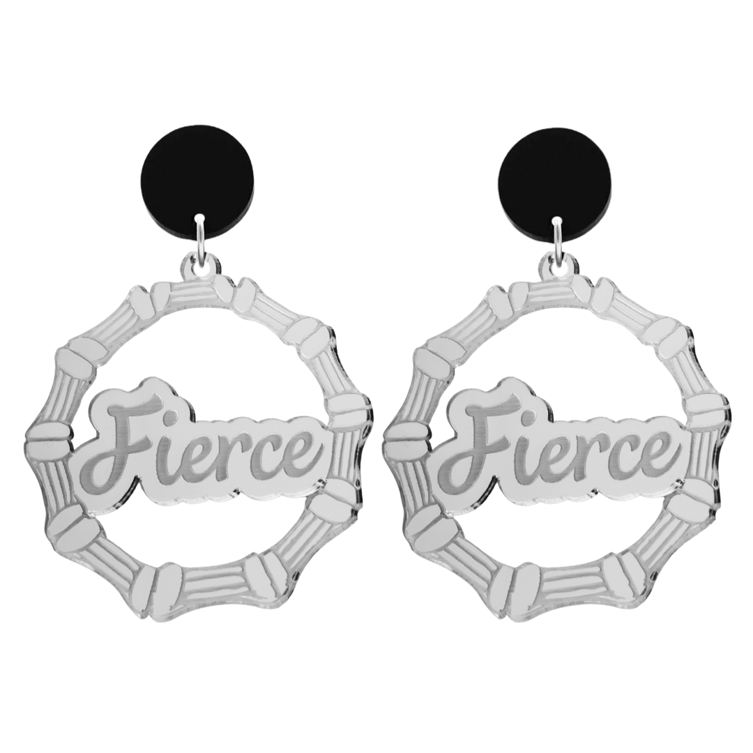 haus of dizzy acrylic silver mirror bamboo hoops with ollie cursive text that reads fierce with black circle stud tops size large