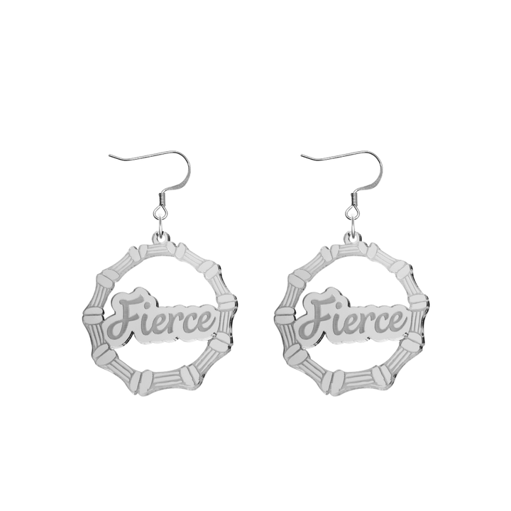 haus of dizzy acrylic silver mirror bamboo hoops with ollie cursive text that reads fierce with hooks no circle stud tops size small