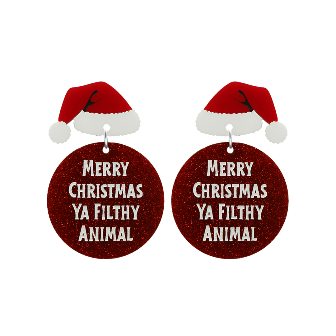 haus of dizzy filthy animal earrings featuring red glitter circle body with hand painted white text that reads merry christmas ya filthy animal and glossy santa hats as earring tops one size