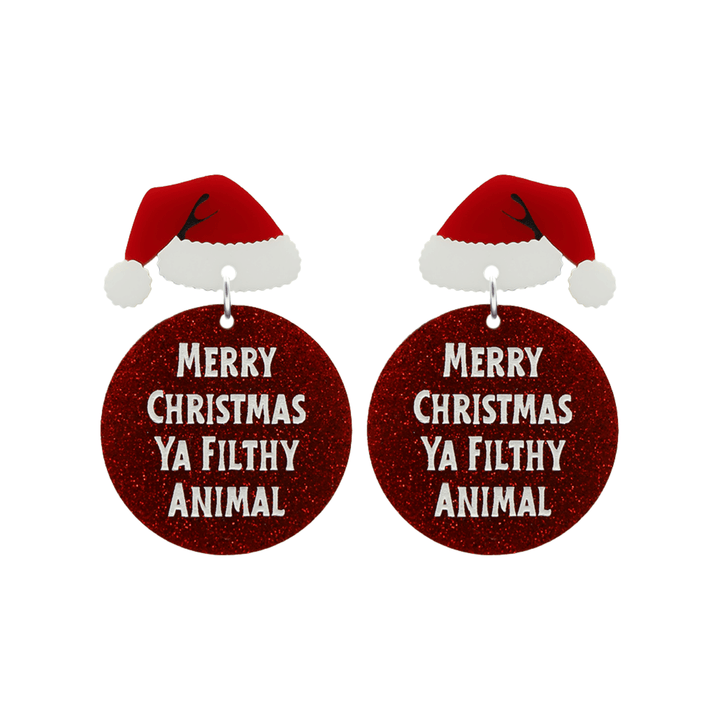 haus of dizzy filthy animal earrings featuring red glitter circle body with hand painted white text that reads merry christmas ya filthy animal and glossy santa hats as earring tops one size