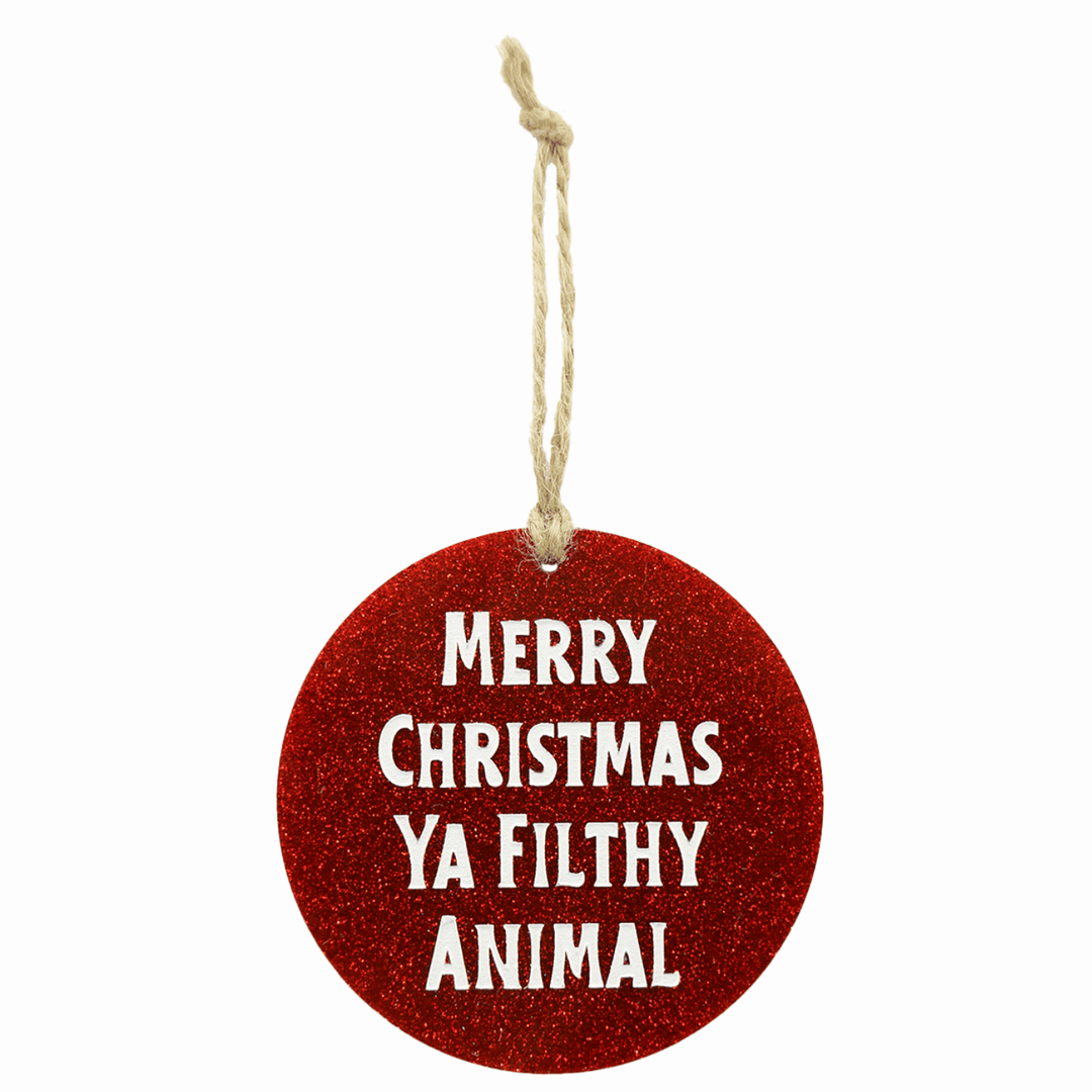 haus of dizzy filthy animal red glitter circle ornament that reads merry christmas ya filthy animal in hand painted white text on twine one size
