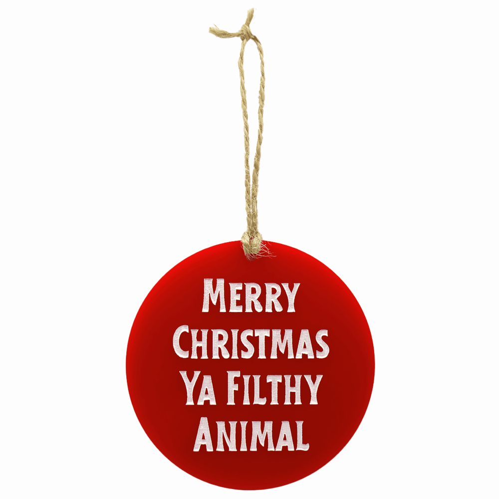 haus of dizzy filthy animal red gloss circle ornament that reads merry christmas ya filthy animal in hand painted white text on twine one size