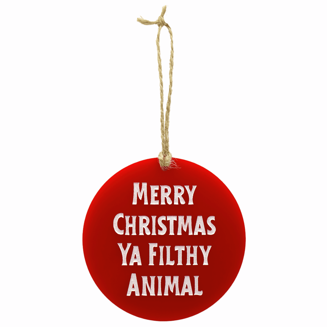 haus of dizzy filthy animal red gloss circle ornament that reads merry christmas ya filthy animal in hand painted white text on twine one size