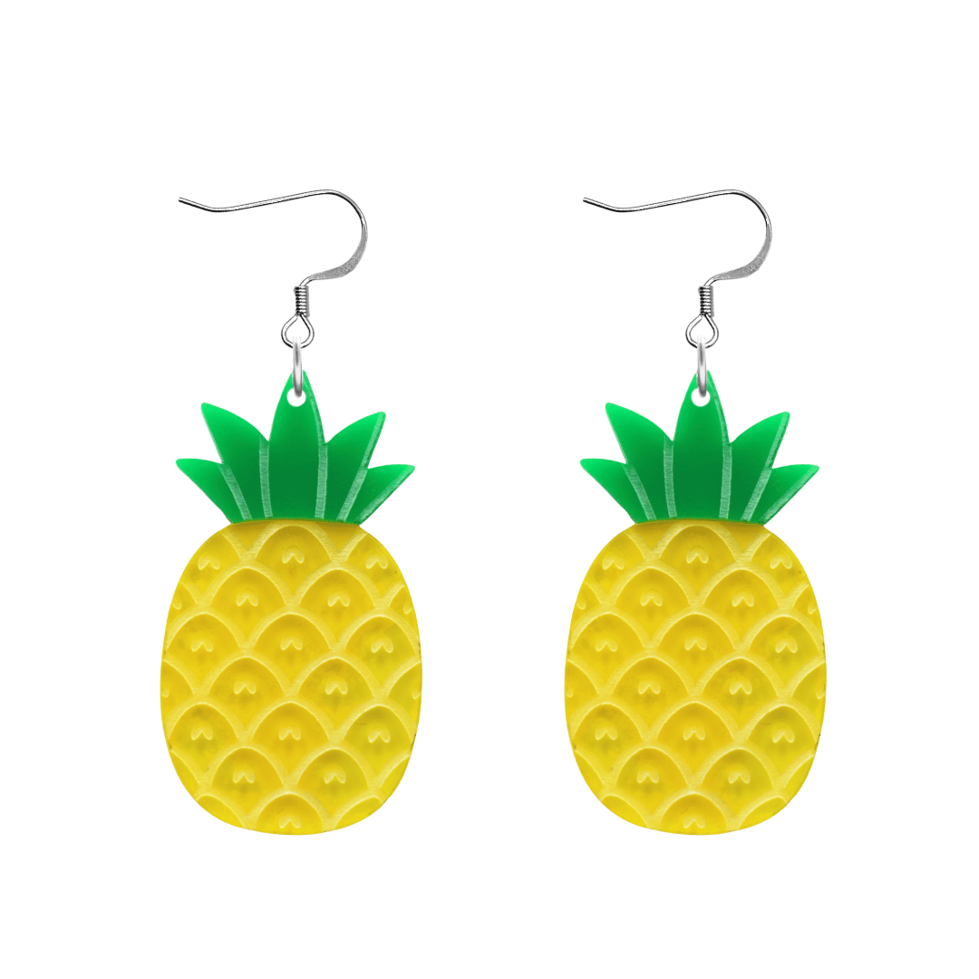 An image of Haus of Dizzy's Fine apple earrings, large pineapple-shaped dangle earrings, with transparent yellow and green acrylic and a hook top.