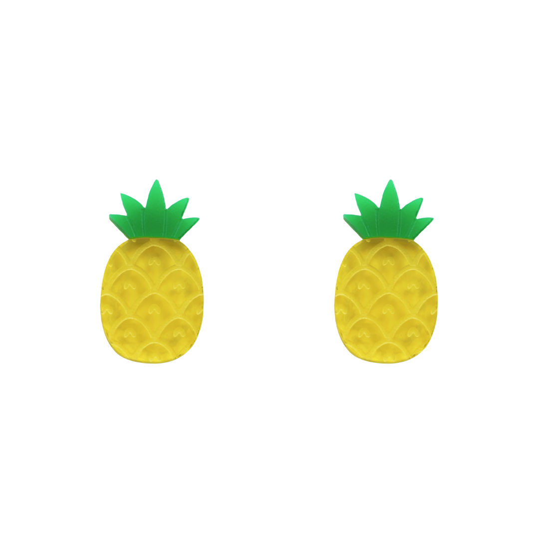 An image of Haus of Dizzy's Fine apple studs, pineapple-shaped, with transparent yellow and green acrylic.
