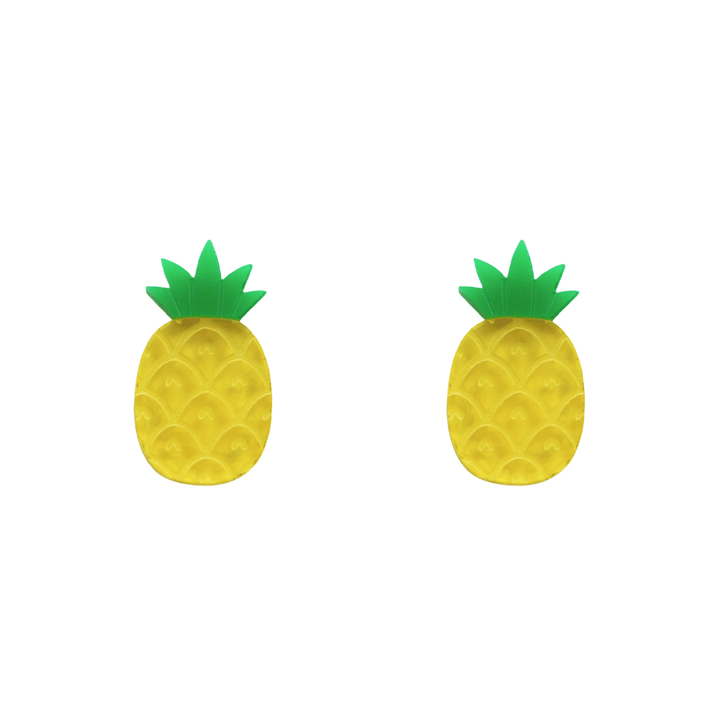 An image of Haus of Dizzy's Fine apple studs, pineapple-shaped, with transparent yellow and green acrylic.