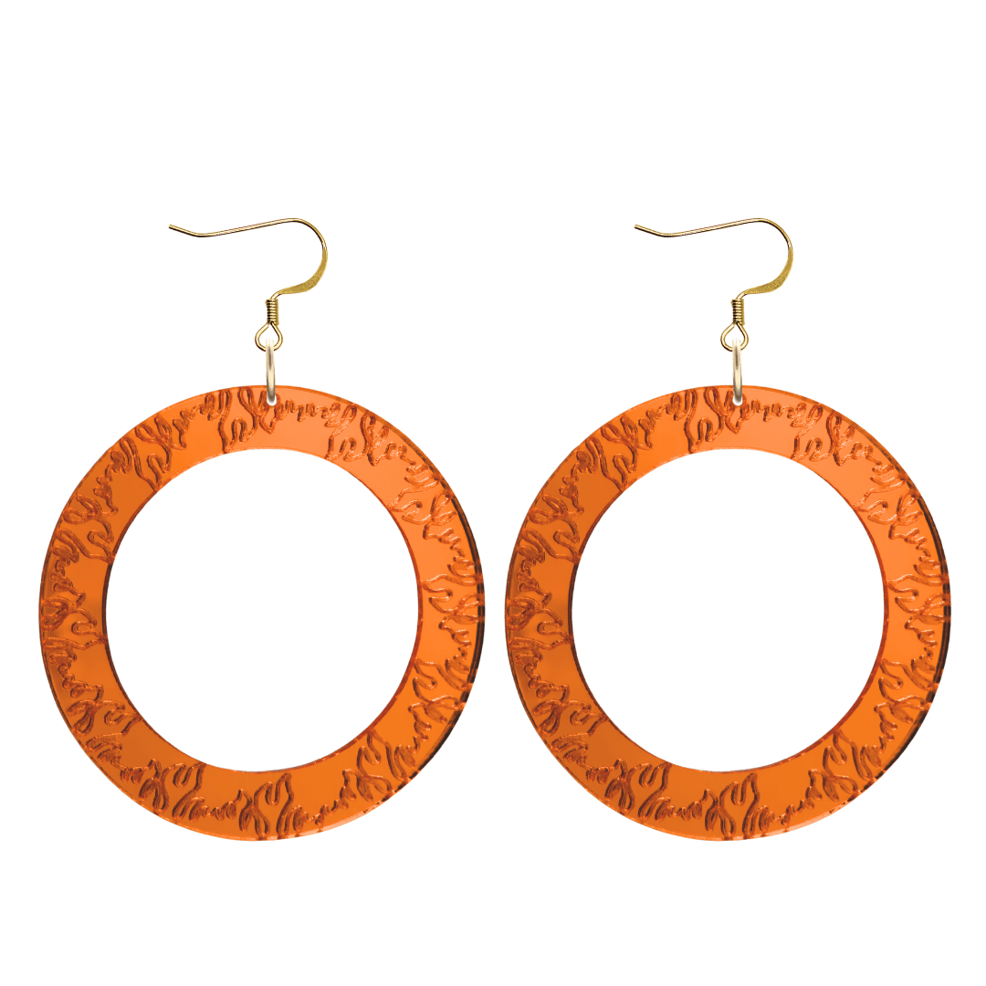 haus of dizzy orange mirror acrylic hoop earrings with flames engraved around hoop size large with hooks no stud tops