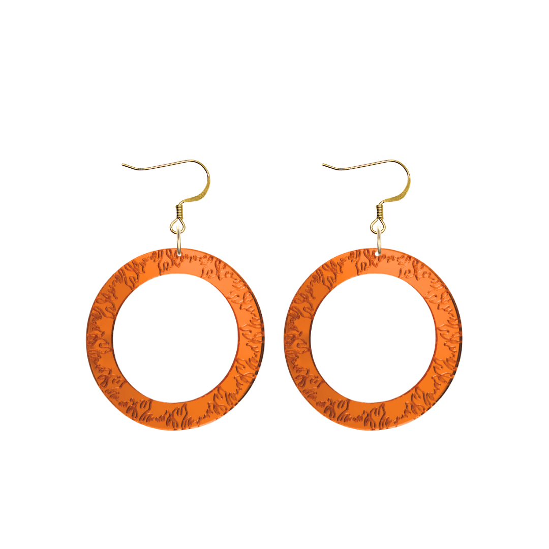 haus of dizzy orange mirror acrylic hoop earrings with flames engraved around hoop size small with hooks no stud tops
