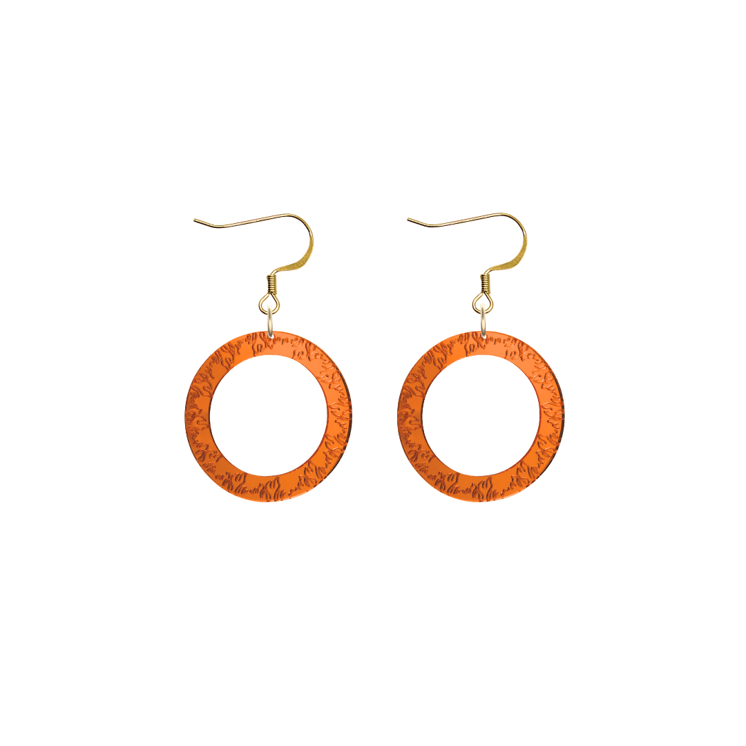 haus of dizzy orange mirror acrylic hoop earrings with flames engraved around hoop size extra small with hooks no stud tops