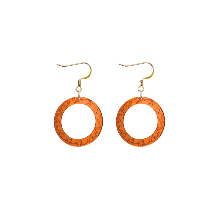 haus of dizzy orange mirror acrylic hoop earrings with flames engraved around hoop size extra small with hooks no stud tops