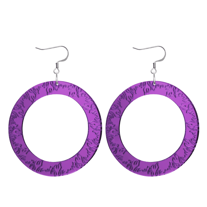 haus of dizzy purple mirror acrylic hoop earrings with flames engraved around hoop size large with hooks no stud tops