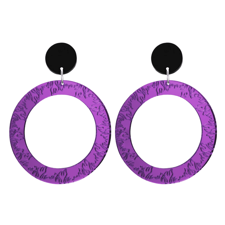 haus of dizzy purple mirror acrylic hoop earrings with flames engraved around hoop size large with black circle stud tops