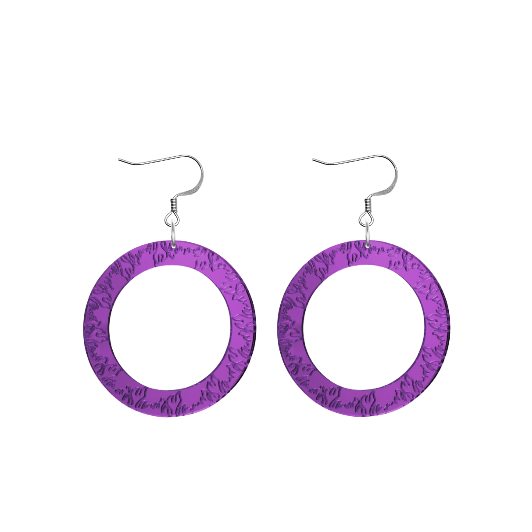 haus of dizzy purple mirror acrylic hoop earrings with flames engraved around hoop size small with hooks no stud tops