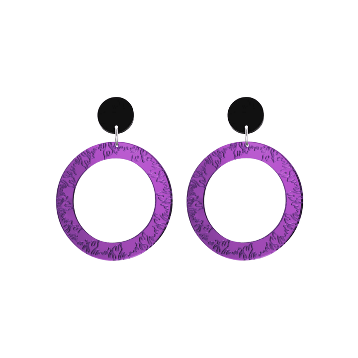 haus of dizzy purple mirror acrylic hoop earrings with flames engraved around hoop size small with black circle stud tops