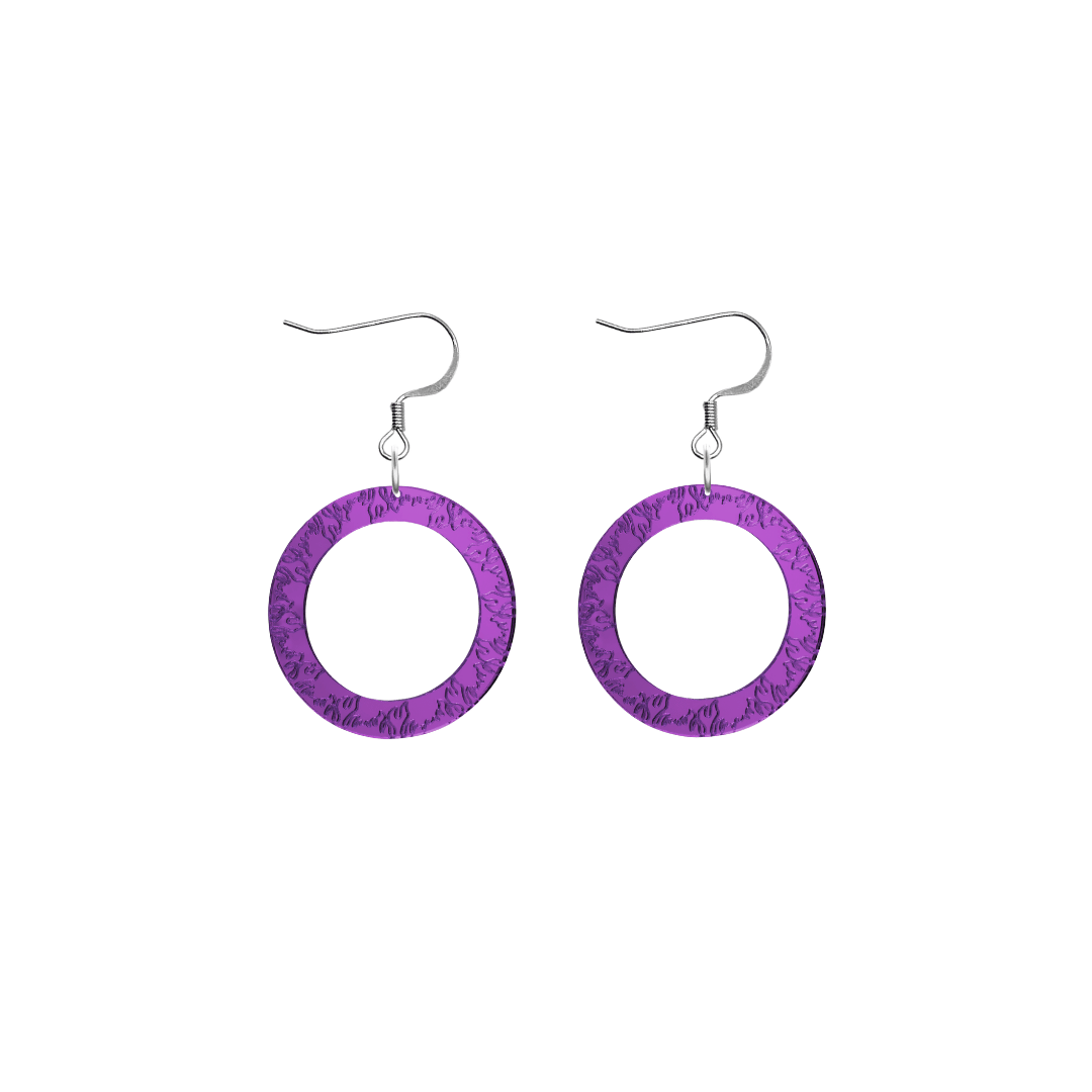 haus of dizzy purple mirror acrylic hoop earrings with flames engraved around hoop size extra small with hooks no stud tops