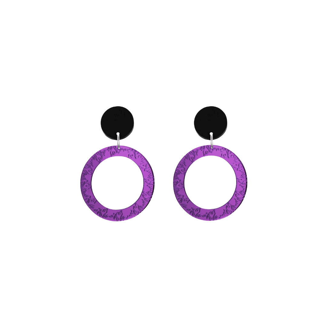 haus of dizzy purple mirror acrylic hoop earrings with flames engraved around hoop size extra small with black circle stud tops
