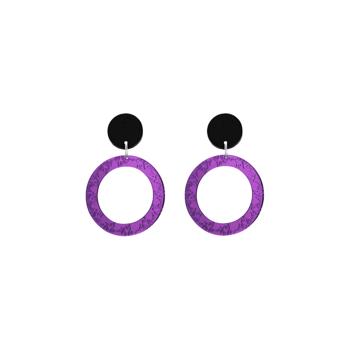 haus of dizzy purple mirror acrylic hoop earrings with flames engraved around hoop size extra small with black circle stud tops