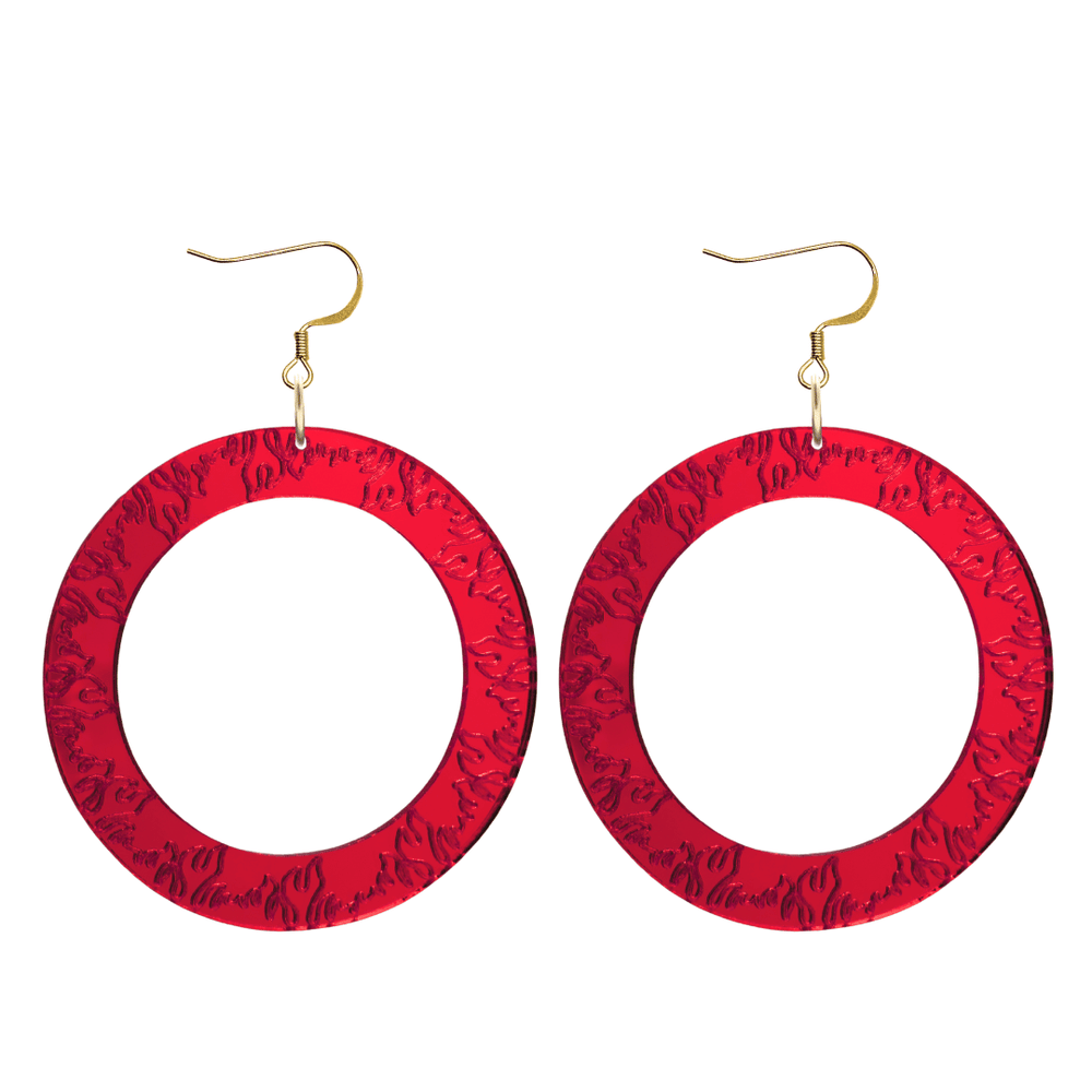 haus of dizzy red mirror acrylic hoop earrings with flames engraved around hoop size large with hooks no stud tops