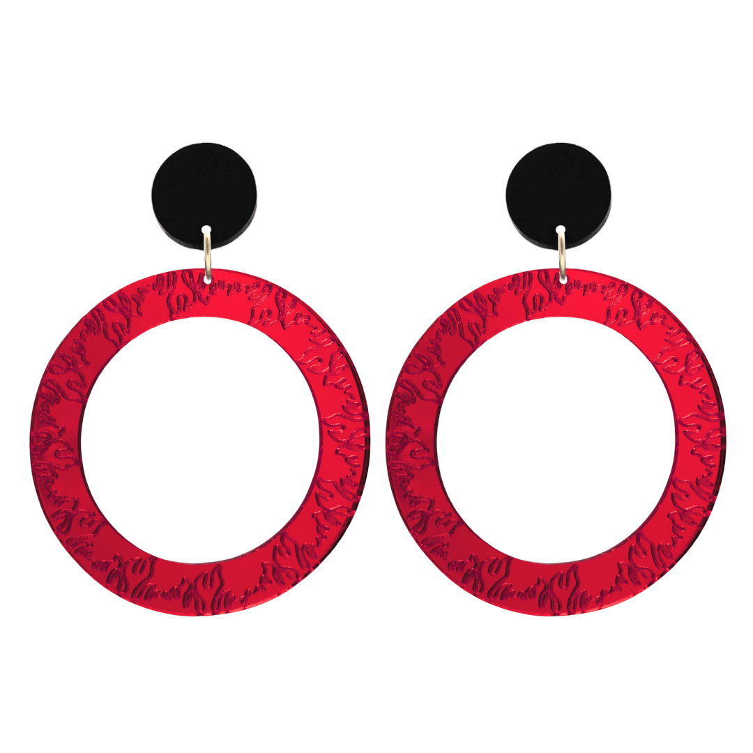 haus of dizzy red mirror acrylic hoop earrings with flames engraved around hoop size large with black circle stud tops