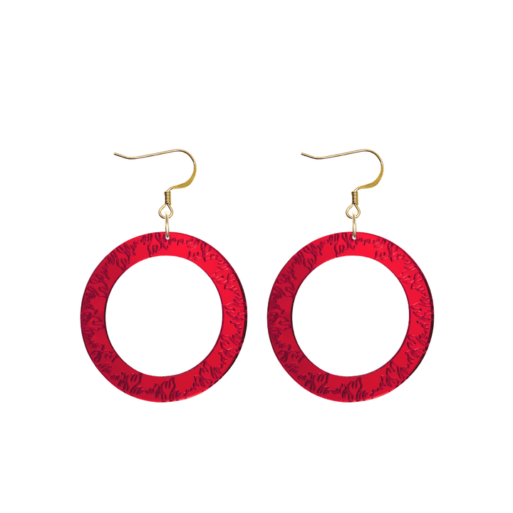 haus of dizzy red mirror acrylic hoop earrings with flames engraved around hoop size small with hooks no stud tops