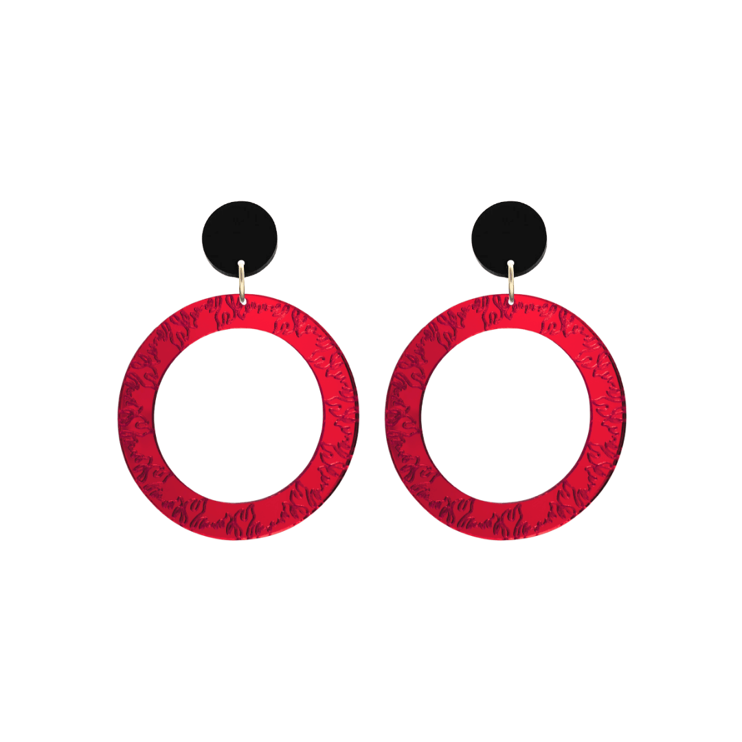 haus of dizzy red mirror acrylic hoop earrings with flames engraved around hoop size small with black circle stud tops